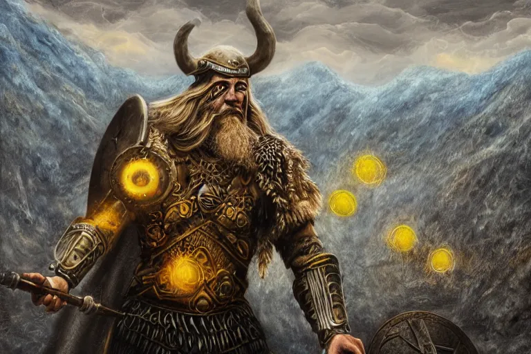 Image similar to mythological viking odin Shaman of artificial intelligence creating an artificial neural network with yellow synapses on an anvil, dark mystical mountains in the background, high resolution, award winning art, trending on art station, sharp image, incredibly detailed, detailed character realistic painting,