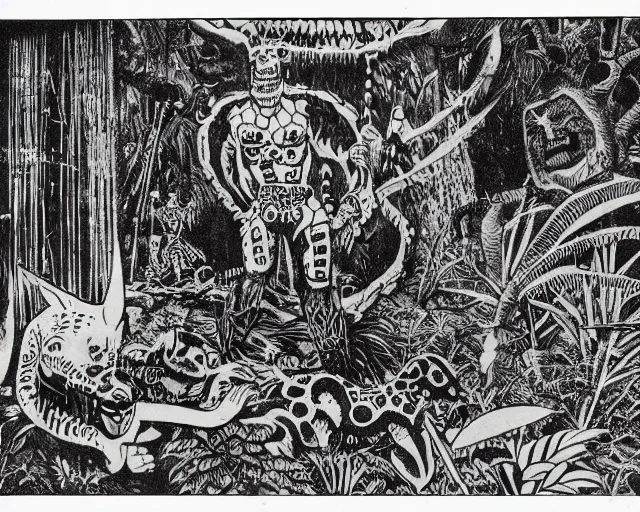 Image similar to surreal b & w nightmarish garden las pozas, mayan jaguar warrior, ink by frank miller and jose guadalupe posada, cut out collage, science fiction fanzine 1 9 6 7