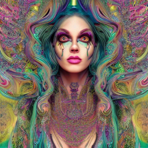 Image similar to psychadelic witch, beautiful face, hyper detailed, flowing psychadelic background intricate and detailed, ornate 8 k gorgeous intricate detailed, octane render