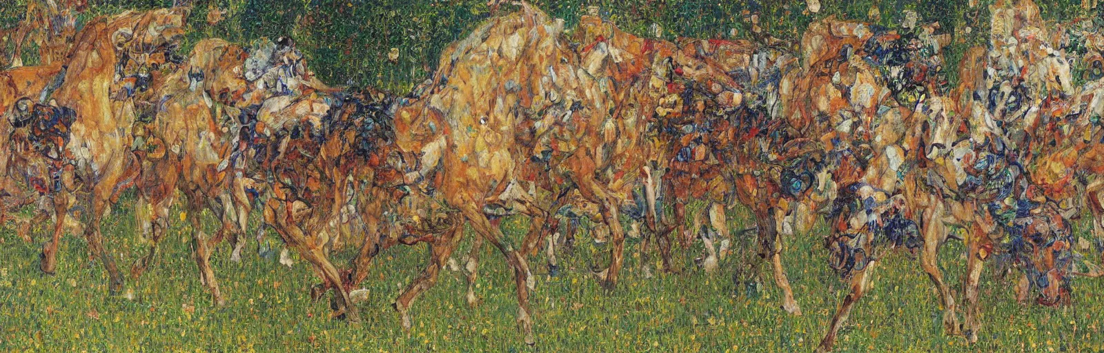 Prompt: lots of horses running through the field, hyper realistic, more details, they might be crawling, original oil on canvas painting by gustav klimt