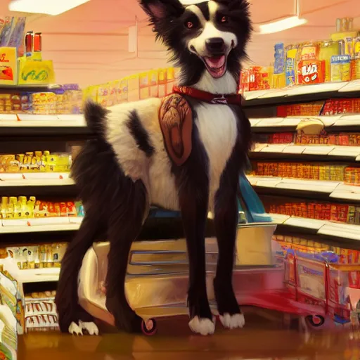 Image similar to wide angle beautiful full body portrait of a cute male anthropomorphic anthro border collie fursona wearing cowboy outfit in a grocery store, character design by charlie bowater, henry asencio, and ross tran, furry art, furaffinity, beautiful, glamor pose, detailed, aesthetic, trending on artstation