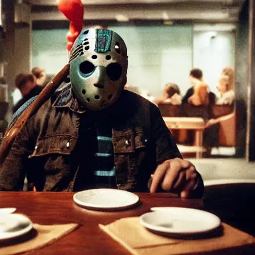 Prompt: photograph of jason voorhees having a coffee at an european caffé