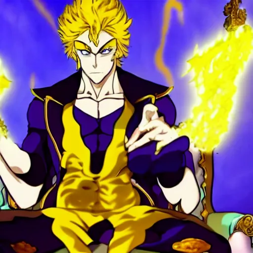 Prompt: dio from jojo's bizarre adventure sitting on a throne, stardust crusaders anime still