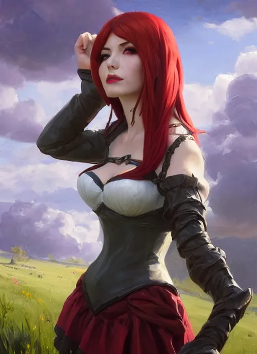 Image similar to portrait of Katarina from League of Legends in maid outfit, countryside, fantasy character portrait, dynamic pose, above view, view from above, sunny day, thunder clouds in the sky, artwork by Jeremy Lipkin and Giuseppe Dangelico Pino and Michael Garmash and Rob Rey, very coherent symmetrical artwork, perfect face, simple form, 100mm