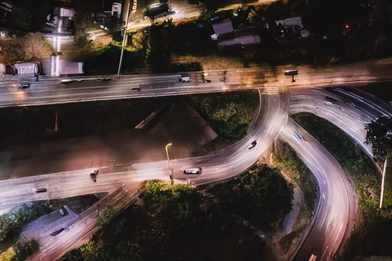 Image similar to looking down road, a mini town, mid night, dark, car lights