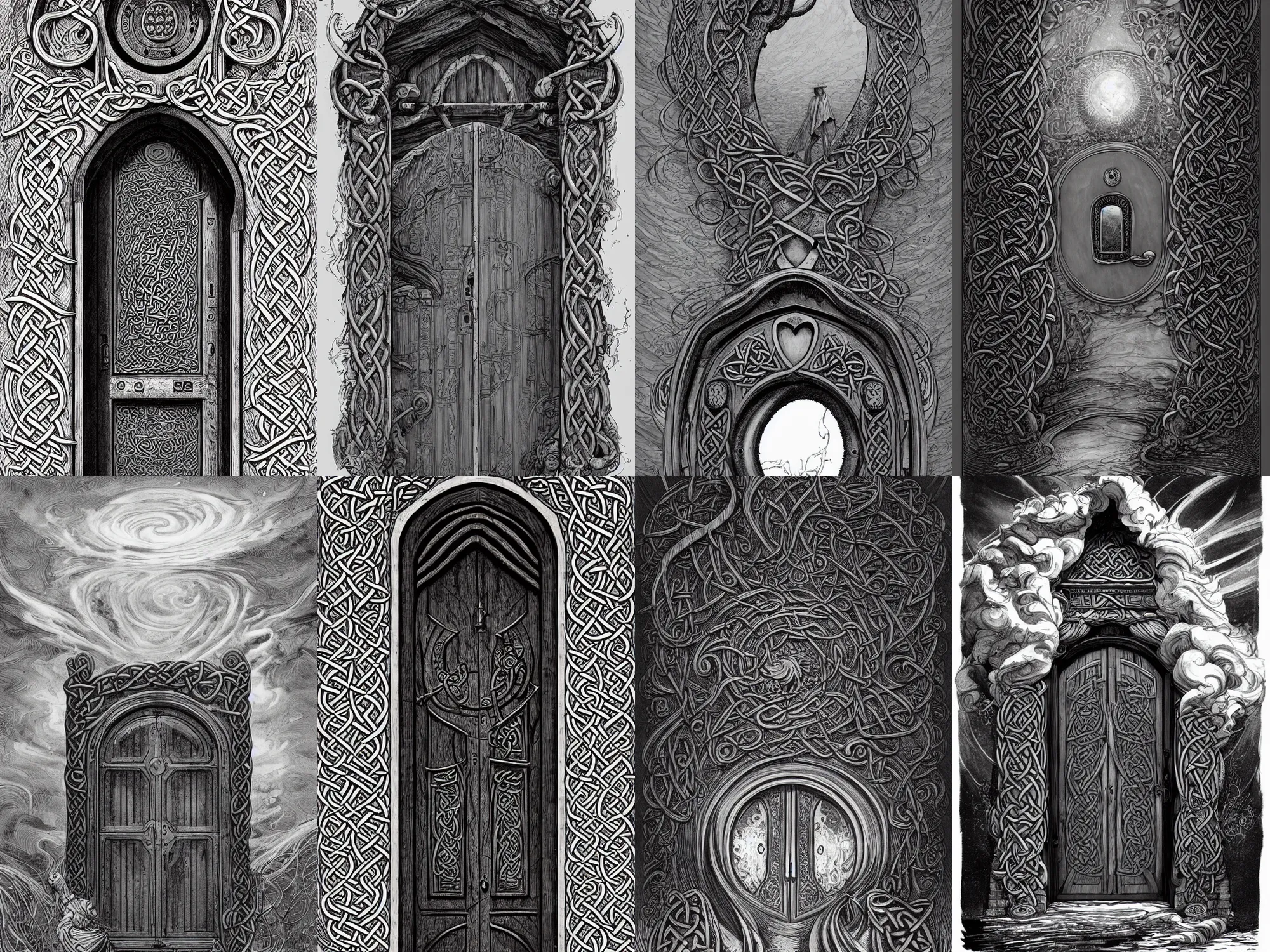 Prompt: an old celtic door floating in the air, swirly clouds in the background, art by James Jean and Wayne Barlowe, high details , black and white ink, cinematic, cgsociety 8k