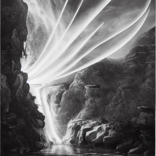 Prompt: oil painting of a dragon with black and white stripes flying in the air near a cave with a waterfall in the center, light emanating from the waterfall leading to a big pool of water, elegant, sharp focus, wide shot, clear, detailed, early renaissance