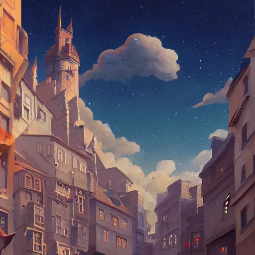 Image similar to Fantastic medieval city with sky in which stars and comets are visible, digital painting, concept art, artstation, 4k, by Makoto Shinkai, Maya Takamura, and James Jean