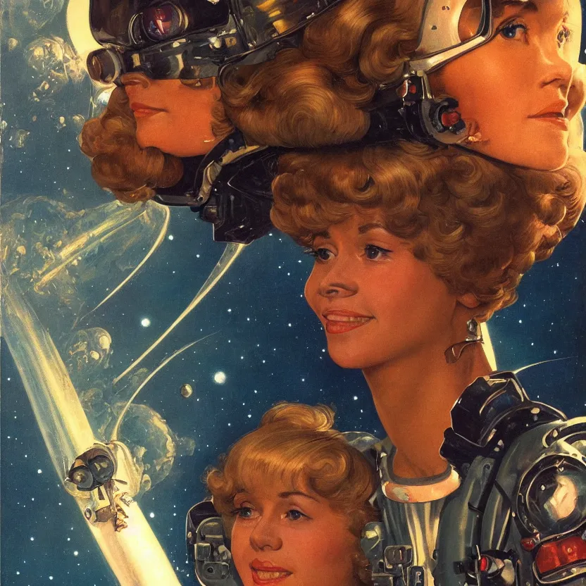 Prompt: close - up portrait of retrofuturistic young jane fonda in space. reflective detailed textures. soft gloomy dark background. highly detailed fantasy science fiction painting by moebius, norman rockwell, frank frazetta, and syd mead. rich colors, high contrast. artstation