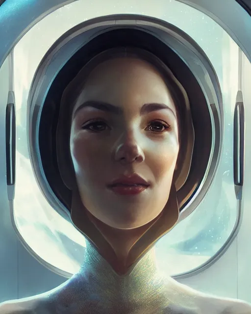 Prompt: woman sitting on a spaceship window, beautiful detailed dress, highly detailed face, beautiful face, smiling, by artgerm, by wlop, by greg rutkowski, octane render, digital art