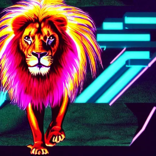 Image similar to a vhs still of a concept art with a photo of male muscular albino lion wearing fancy neon clothing in a vaporwave artwork composition, windows 9 8 logo, in the movie lifeforce ( 1 9 8 5 ) 8 k, intricate, pastel colors