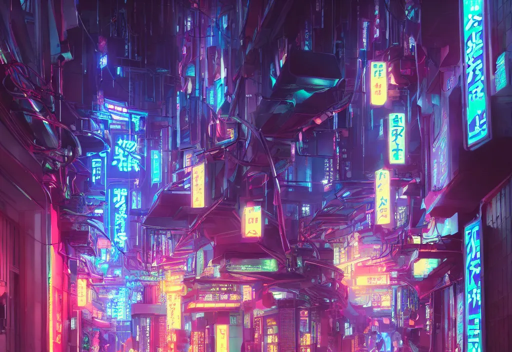 Prompt: a futuristic cyberpunk japanese izayaka alley with neon lights and lanterns, soft glow, intricate, cybernetic, trending on artstation, octane render, colorful, by rossdraws and makoto shinkai