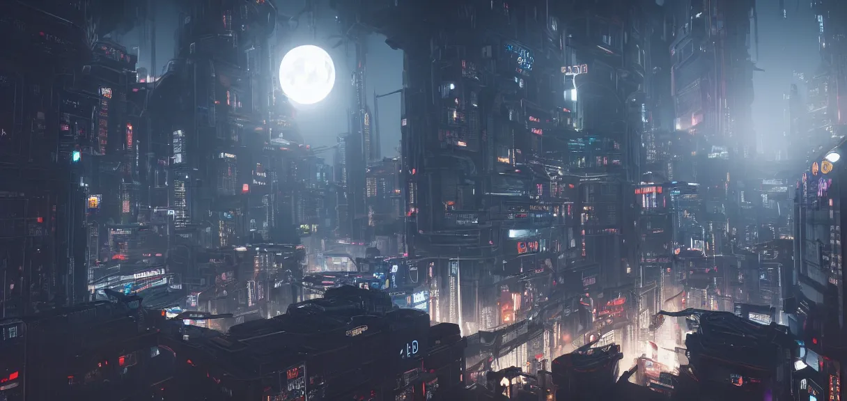 Image similar to a half moon in the dark night shining on the cyberpunk futuristic city, cinematic, realistic, render in unreal engine 5