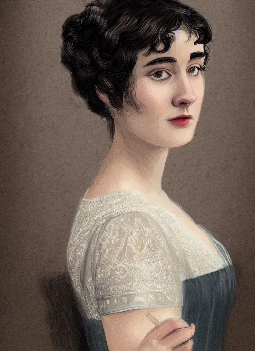 Image similar to a photograpic portrait of elizabeth bennet, pride and prejudice, with kind face, dark hair, georgian dress, intricate, elegant, highly detailed, digital painting, concept art, smooth, sharp focus, illustration,