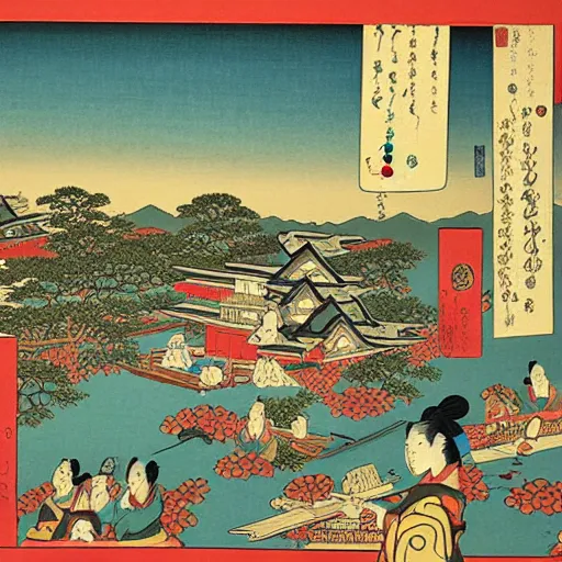 Image similar to The Feudal City of Kyoto, Ukiyoe Oshika Painting, Detailed, complex colour scheme, featured on louvre