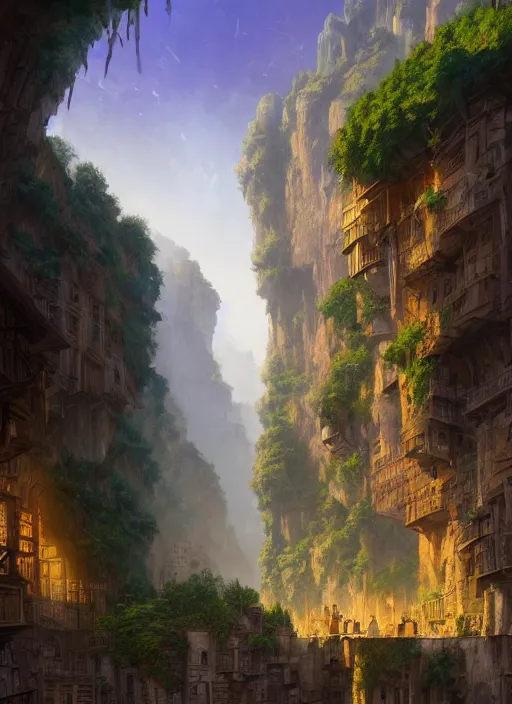 Image similar to medieval city built on terraces in a gigantic canyon, lots of buildings connected by bridges, waterfalls, warm glow coming the ground, lush vegetation, pitchblack sky, extremly detailed digital painting, in the style andreas rocha and greg rutkowski and peter mohrbacher, rim light, beautiful lighting, 8 k, stunning scene, octane, trending on artstation