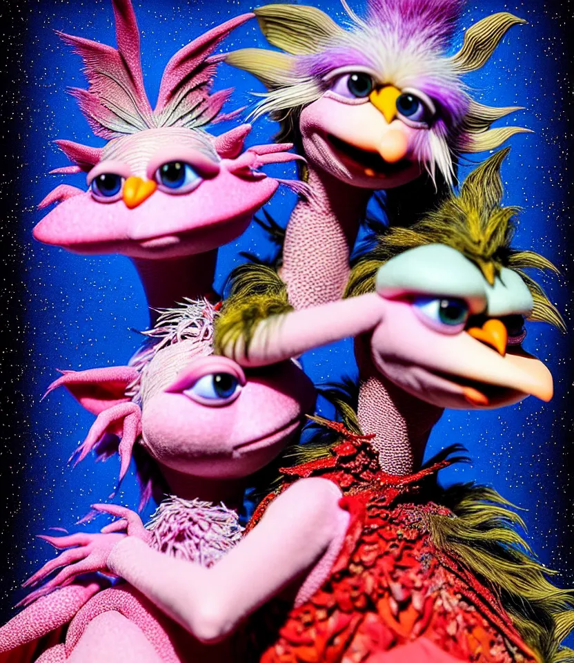 Image similar to hyper detailed 3d render like a Oil painting - kawaii portrait of hopeful lovers hugging tight or kissing pecking adorably Aurora (a beautiful girl skeksis muppet fae princess protective playful expressive acrobatic from dark crystal that looks like Anya Taylor-Joy) seen red carpet photoshoot in UVIVF posing in scaly dress to Eat of the Strangling network of yellowcake aerochrome and milky Fruit and His delicate Hands hold of gossamer polyp blossoms bring iridescent fungal flowers whose spores black the foolish stars by Jacek Yerka, Ilya Kuvshinov, Mariusz Lewandowski, Houdini algorithmic generative render, golen ratio, Abstract brush strokes, Masterpiece, Edward Hopper and James Gilleard, Zdzislaw Beksinski, Mark Ryden, Wolfgang Lettl, hints of Yayoi Kasuma and Dr. Seuss, Grant Wood, octane render, 8k