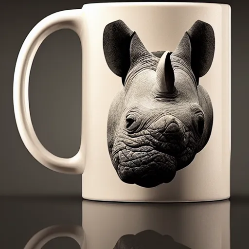 Image similar to a mug with shape of a rhino head, high quality product photography, behance, pinterest