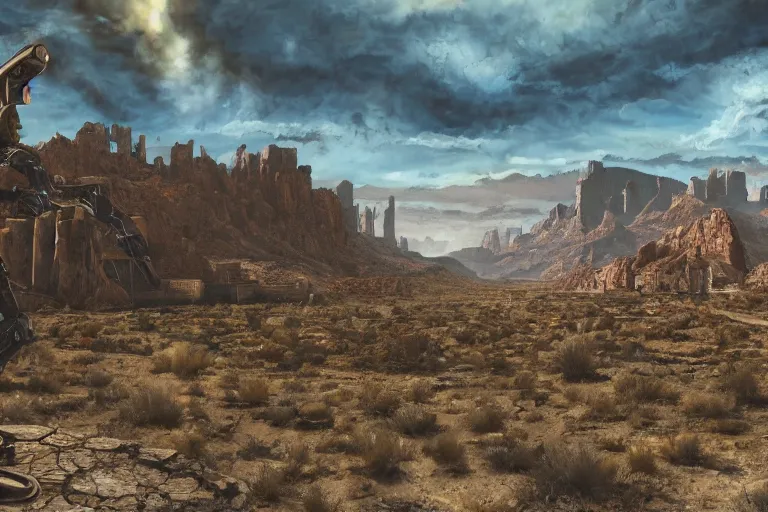 Prompt: fallout new Vegas landscape. Cinematic. Intricately detailed acrylic painting