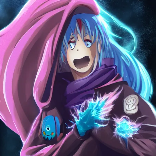 Prompt: rimuru tempest, that time i got reincarnated as a slime, super detailed, professional digital painting, concept art, extreme illustration, unreal engine 5, photorealism, hd quality, 8 k, black hoodie, fur scarf, cinematic, art by andy warhol, yoshitaka amano