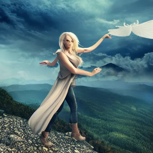 Image similar to very pretty blond female angel with large wings landing on a mountain top, shallow depth of field, moody lighting, 8 k, concept art, wide angle,