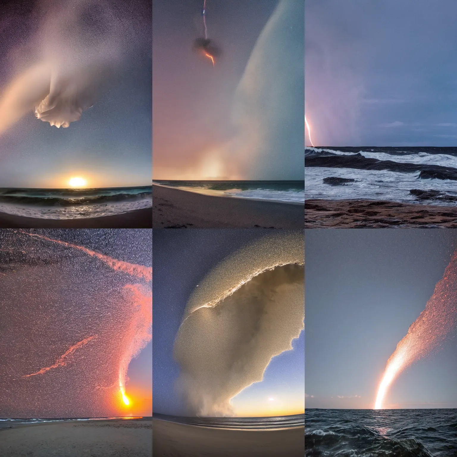 Prompt: wide-angle photo from the shore of a massive meteor hitting the ocean, creating giant waves, epic, disaster, dramatic, high quality