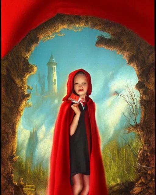 Image similar to little red riding hood, airbrush, drew struzan illustration art, key art, movie poster