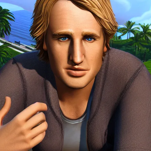 Image similar to a videogame still of Owen Wilson in The Sims 3, portrait, 40mm lens, shallow depth of field, close up, split lighting, cinematic