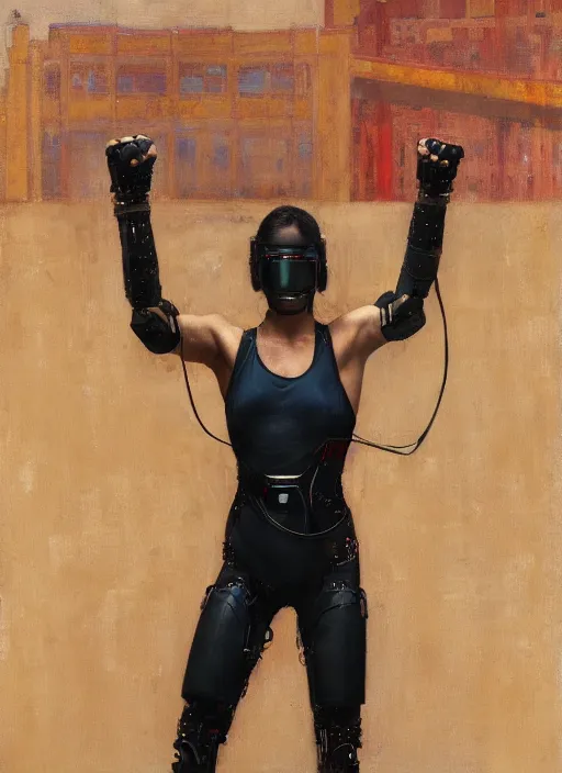 Image similar to buff cyberpunk olympic boxer with robotic arms and cybernetic eyepiece wearing a jumpsuit ( blade runner 2 0 4 9, cyberpunk 2 0 7 7 ). orientalist portrait by john william waterhouse and james gurney and theodore ralli and nasreddine dinet, oil on canvas. cinematic, hyper realism, realistic proportions, dramatic lighting, high detail 4 k