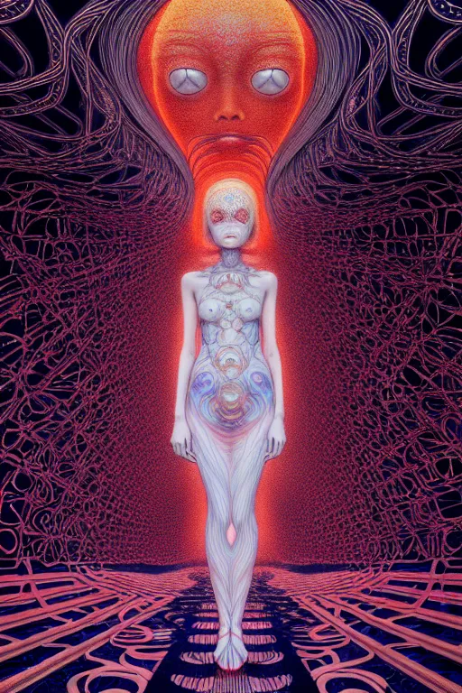 Image similar to realistic detailed image of a woman in a infinite hallway, conjuring psychedelic background, part by takato yamamoto, part by alex gray, ross tran, james jean, ultra realistic, octane render, highly detailed, 8 k, trending on artstation, cosmic, symmetry, masterpiece