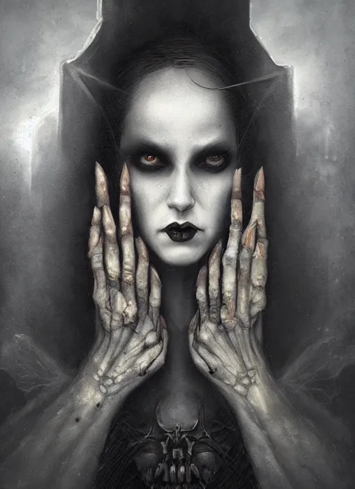 Image similar to By Tom Bagshaw, ultra realist soft painting of a gothic crypt by night, male vampire smile, horror, omnious sky, symmetry accurate features, very intricate details, black and white, volumetric light clouds