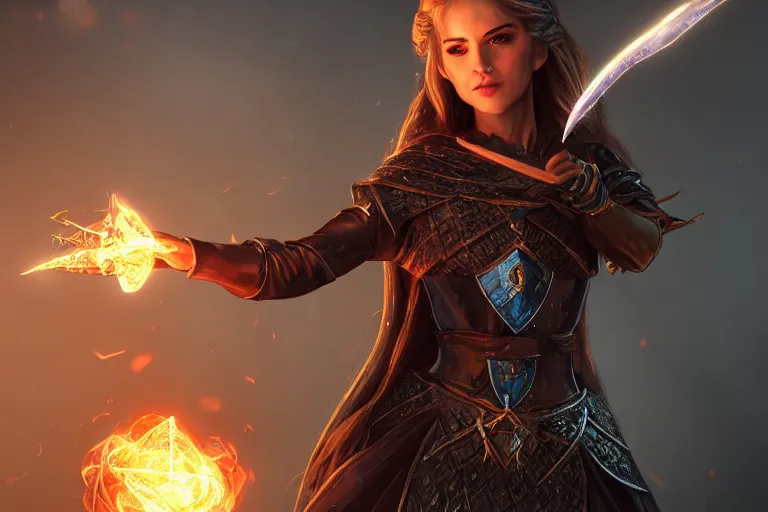 Image similar to ultra detailed fantasy, a beautiful magician with. a fireball in her hand, an ice sword, realistic, dnd, rpg, lotr game design fanart by concept art, behance hd, artstation, deviantart, global illumination radiating a glowing aura global illumination ray tracing hdr render in unreal engine 5