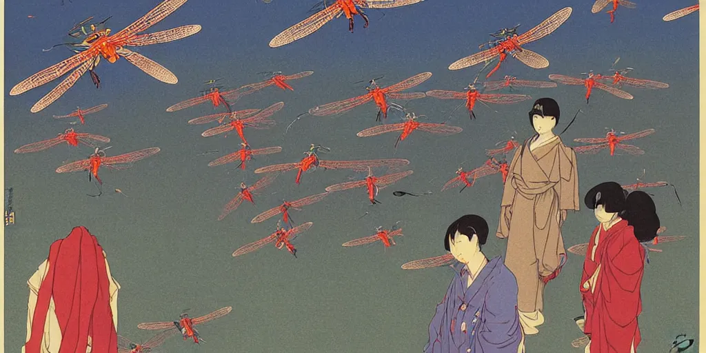 Image similar to gigantic dragonflies with human faces catch tiny robots, a lot of exotic mechas robots around, human heads everywhere, risograph by kawase hasui, edward hopper, satoshi kon and moebius, no text!, colorful flat surreal design, super - detailed, a lot of tiny details, fullshot