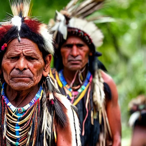 Prompt: south american native tribe in a report for a french tv, ultra detailed, photorealistic, dynamic light, cinematic