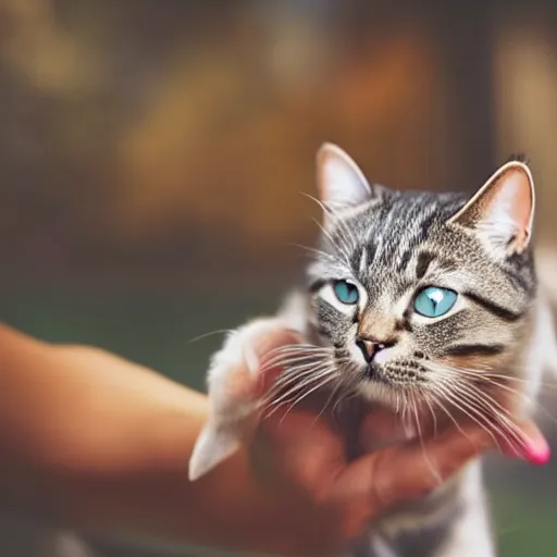 Image similar to a beautiful photo of a cat with human hands instead of paws, high-quality