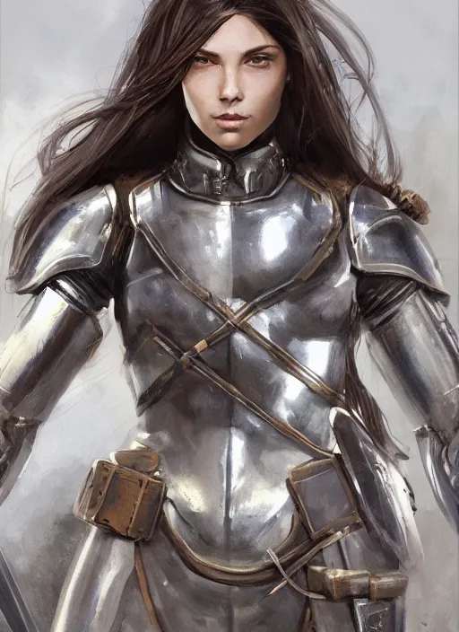 Prompt: a professionally painting of an attractive young girl, partially clothed in battle armor, olive skin, long dark hair, beautiful bone structure, perfectly proportioned, symmetrical facial features, intricate, elegant, heroic pose, digital painting, concept art, smooth, sharp focus, finely detailed, beautifully framed, from Metal Gear, in the style of Greg Rutkowski and William-Adolphe Bouguerea, trending on Artstation, award winning