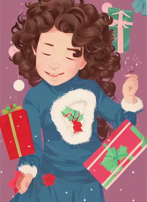 Prompt: little girl with short wavy curly hair, asleep at christmas. surrounded by gifts. high quality detailed face. clean cel shaded vector art. shutterstock. behance hd by lois van baarle, artgerm, helen huang, by makoto shinkai and ilya kuvshinov, rossdraws, illustration, art by ilya kuvshinov