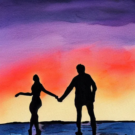 Image similar to man and woman holding hands walking along the shore of the beach, sunset, ink and brush