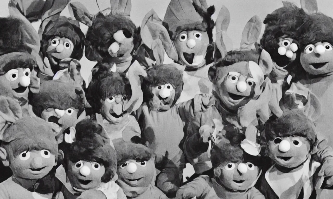 Prompt: Beatles dressed as teletubbies, photo from set of Sesame street