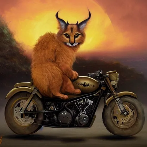 Image similar to cute fluffy caracal riding a harley motorcycle, road, sunset. adventurous, atmospheric lighting, stunning. by ted nasmith, gaston bussiere, craig mullins, j. c. leyendecker, rossdraws, james jean, andrei riabovitchev, marc simonetti, krenz cushart, trendig on artstation, digital art