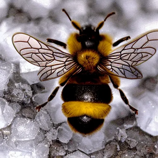 Image similar to a bee and an flower fossilized in ice, ambient light