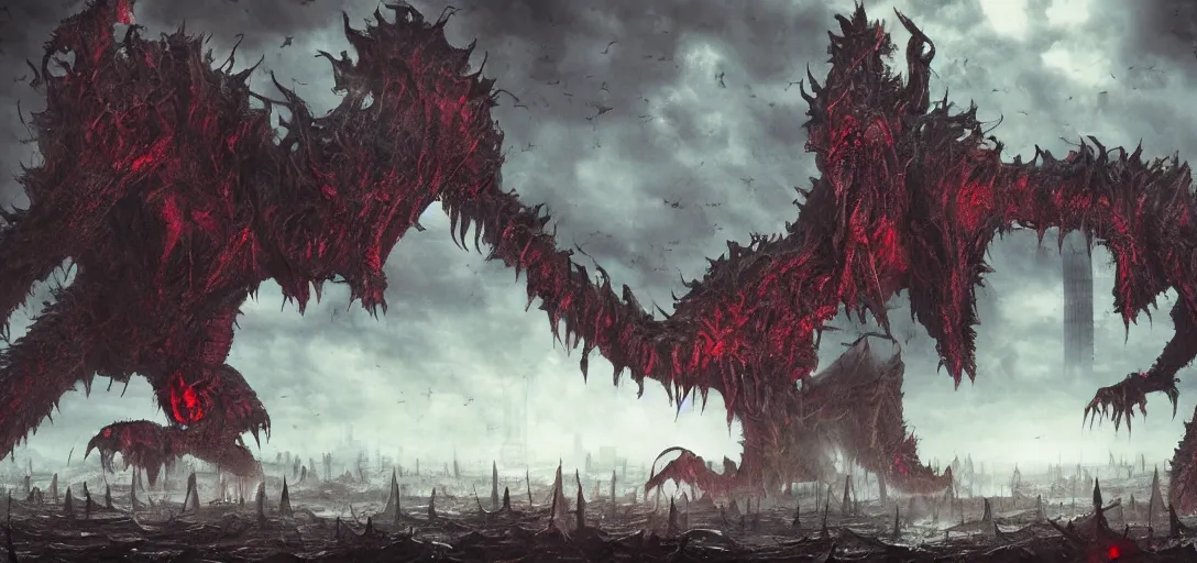 Image similar to Giant Monsters attacking a Mega City, gothic art, color, eerie, horror, scary, ominous, 8k, highly detailed