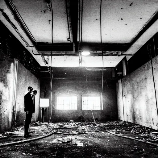 Image similar to two men in black, looking at a bright light in the dark grimy grungy basement of an abandoned apartment block, wires, cables, grainy black and white photography