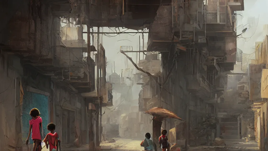 Image similar to alley in a big african city, a lonely kid, summer, david febland, artstation, matte painting