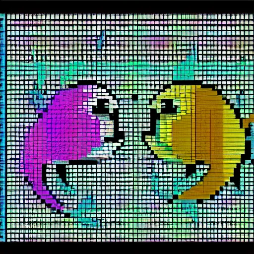 Image similar to two fishes talking to eachother in deep sea, 8 - bit art