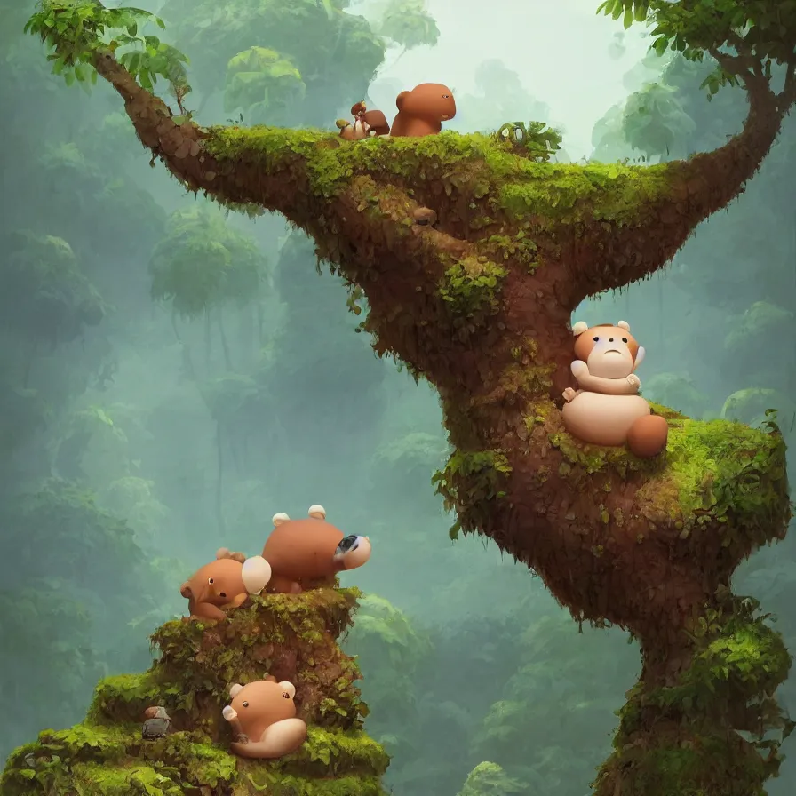 Image similar to A river, a baby bear on top of a trunk, jungle, art by Goro Fujita, ilustration, concept art, sharp focus, ArtStation, Deviantart