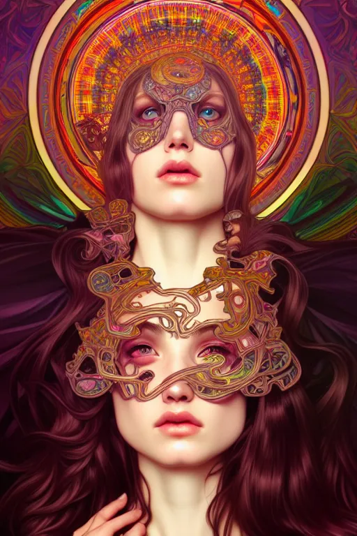 Image similar to overlord, psychedelic, portrait, highly detailed, deep focus, elegant, digital painting, smooth, sharp focus, illustration, ultra realistic, 8 k, art by artgerm and alphonse mucha