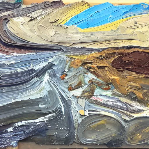 Image similar to oil paint impasto relief, beautiful italian beach scene, multi layered thick brush marks, some splattered paint, in the style of lucian freud and frank auerbach