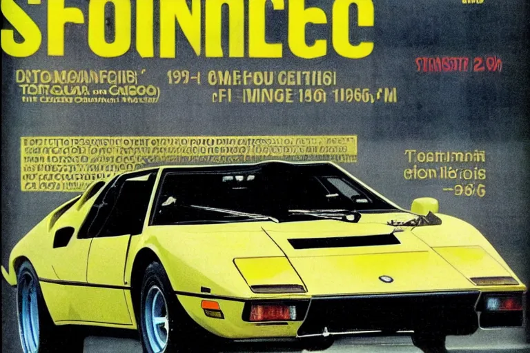 Image similar to 1979 Popular Science Magazine Cover of a single 1965 De Tomaso Pantera, with elements of the F40, Lotus, BMW M1, GT40 and Countach, cyberpunk city, raining, wet and reflective, movie still, cinematic Eastman 5384 film