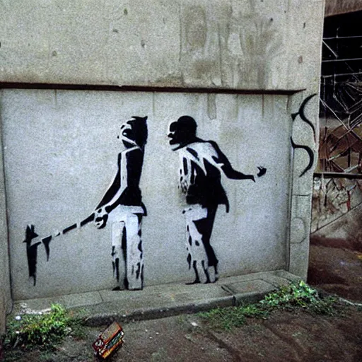 Image similar to banksy graffiti on cursed ancient anunnaki tomb, ps 1 graphics